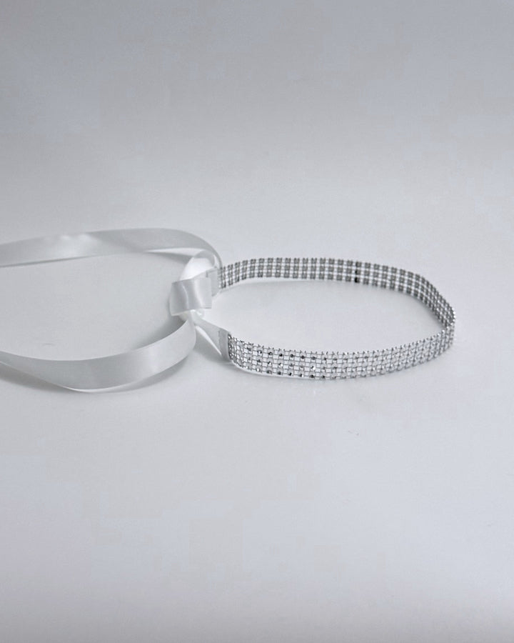 Vixen White Silver Sparkly Headband with Long White Satin Ties Side View