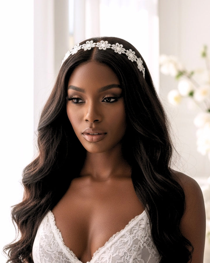 Blossom White Flower Headband on model in white lingerie in a pretty lit room