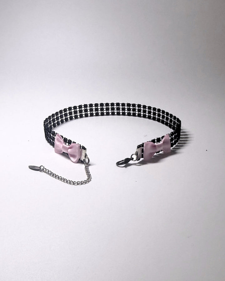 Black Sparkly Rhinestone Mesh Choker with Pink Bows back view