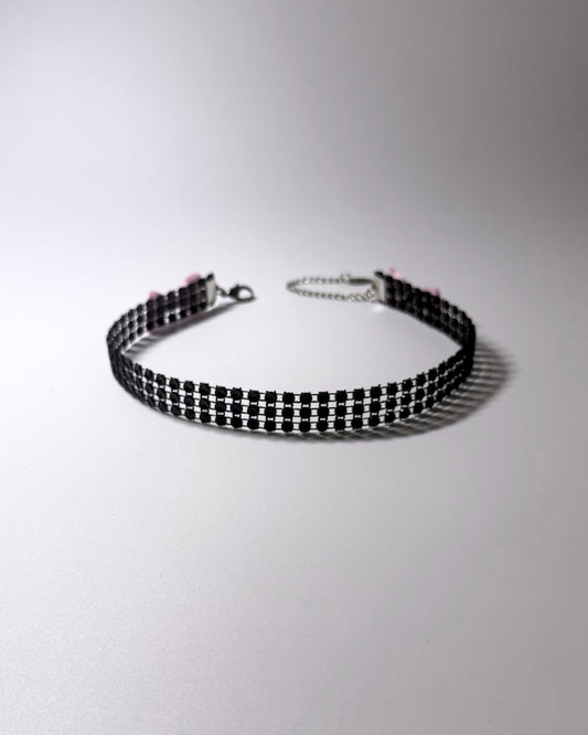 Black Sparkly Rhinestone Mesh Choker with Pink Bows