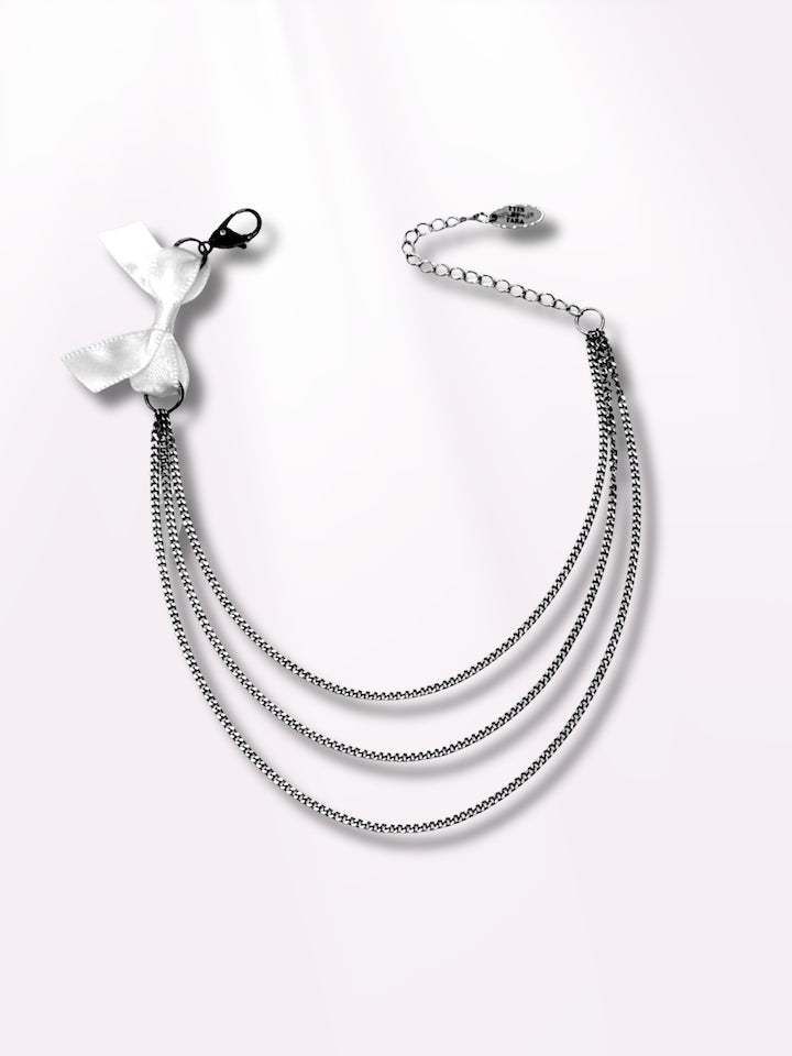 Vice White Bow Anklet with Layered Silver Chain
