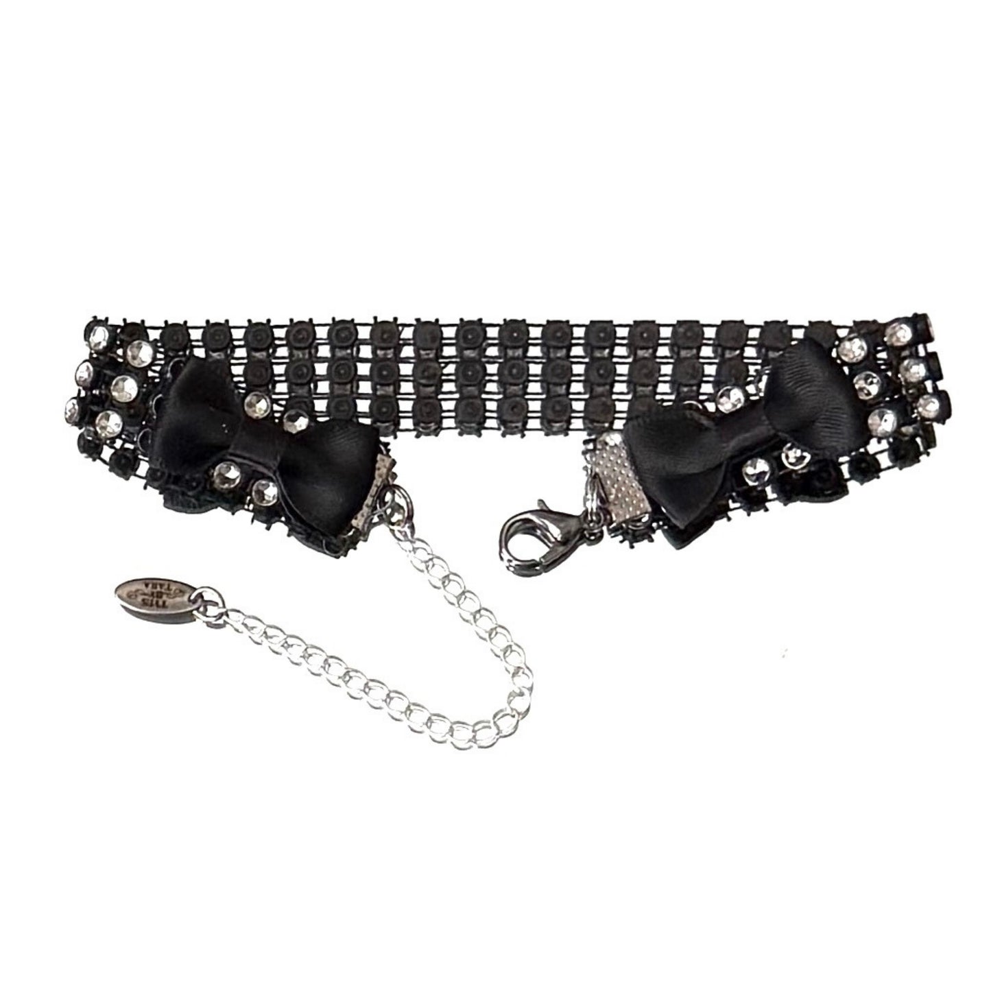 Black Sparkly Rhinestone Mesh Anklet showing black bows