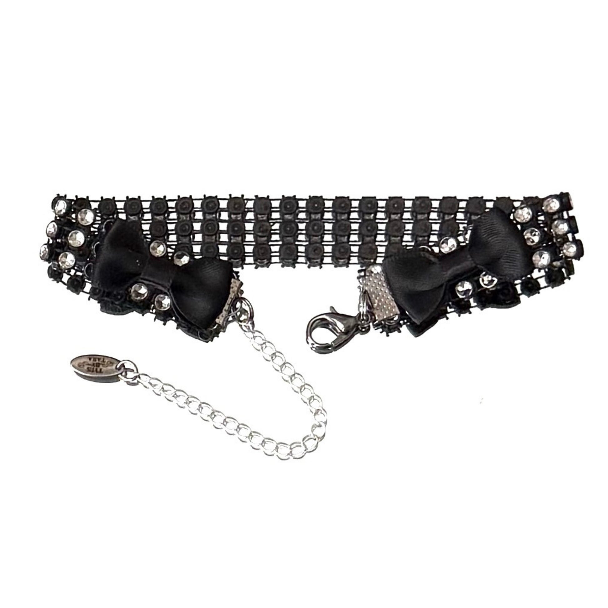Black Sparkly Rhinestone Mesh Anklet showing black bows