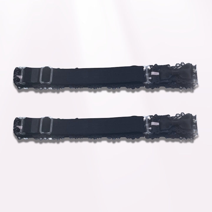 Back View of Chantilly Black Lace Leg Garters with Black Bows and Pink Ribbon
