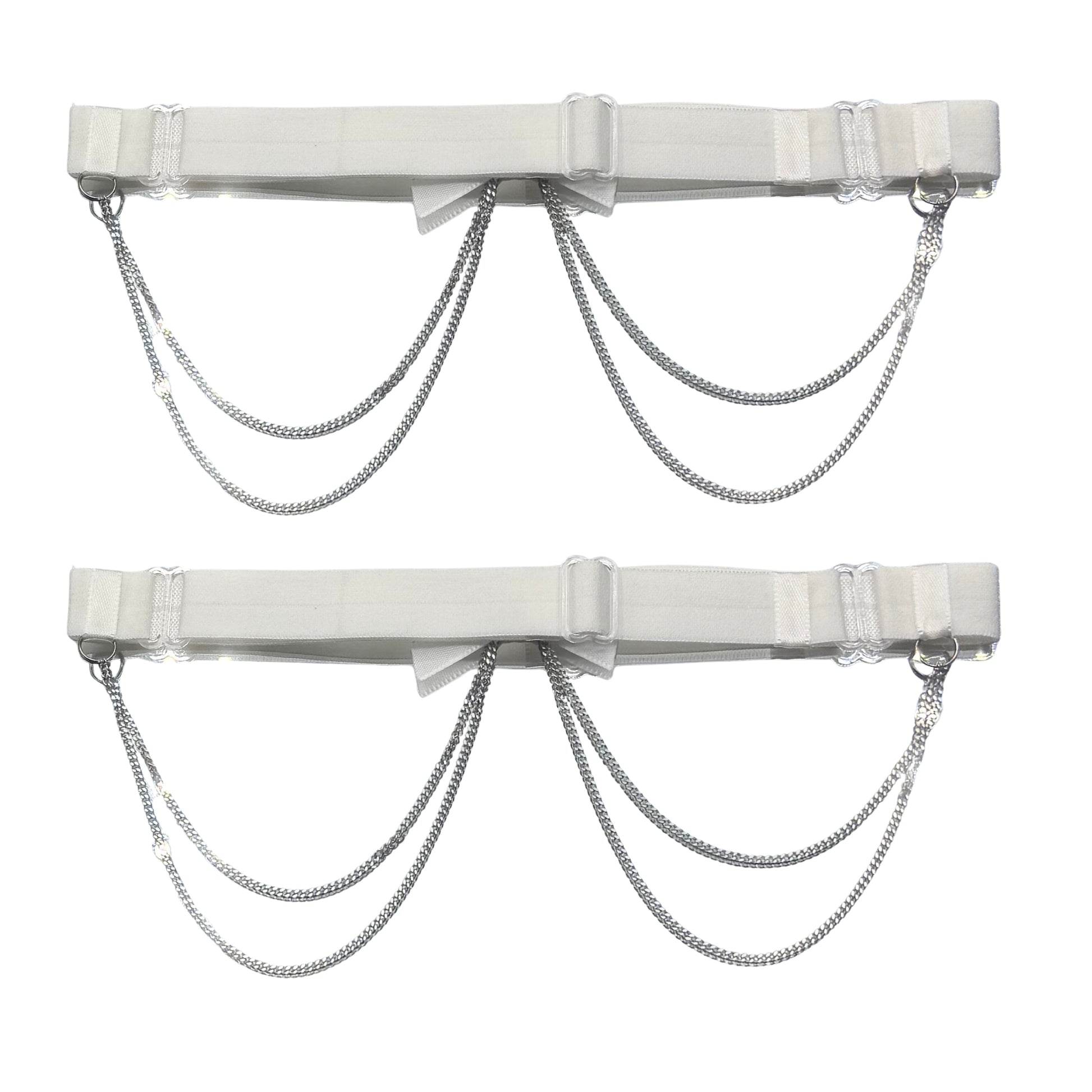 back view of white bow leg garters on white background