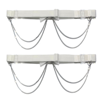 back view of white bow leg garters on white background