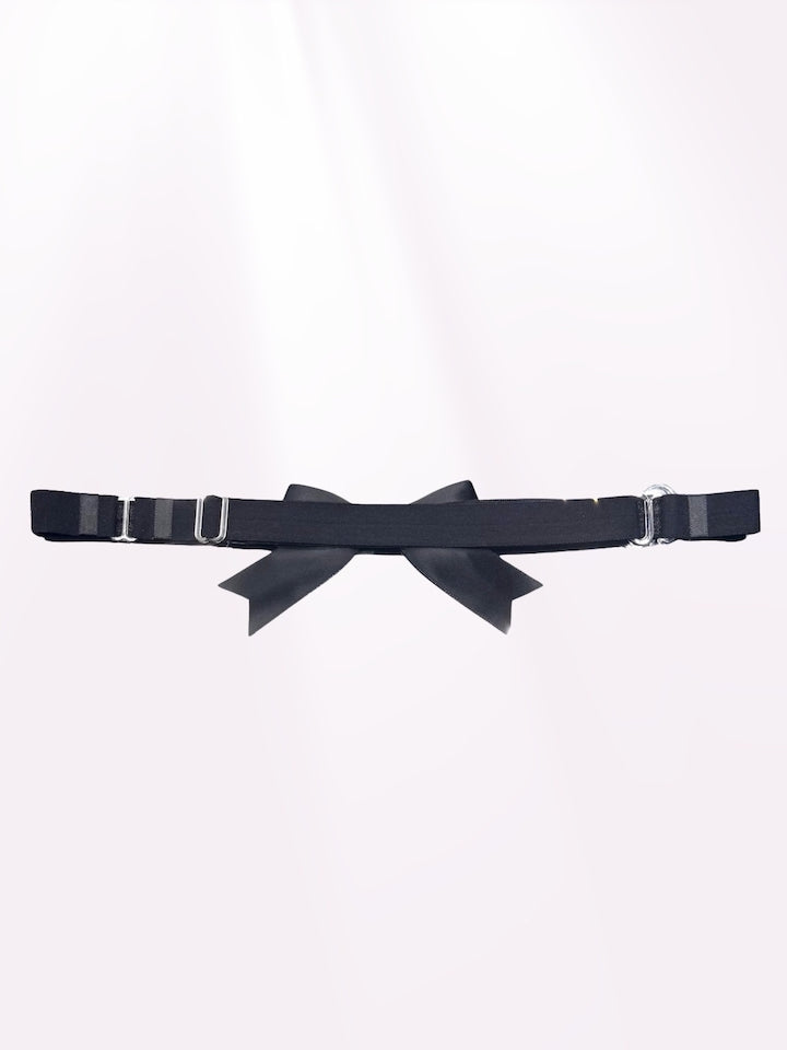 Back view of bombshell black bow belt showing adjustable strap