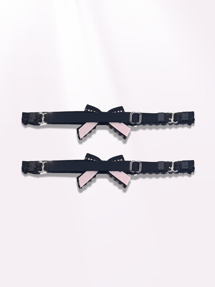 Back view of belle black pink bow leg garters