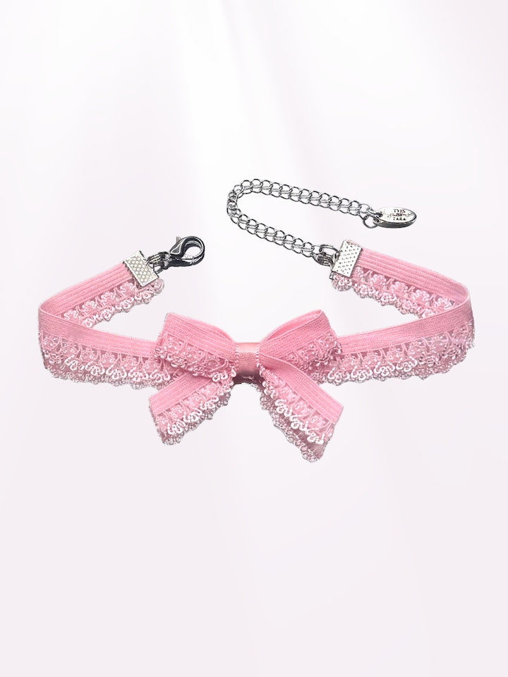 belle-pink-lace-elastic-bow-anklet on light pink background