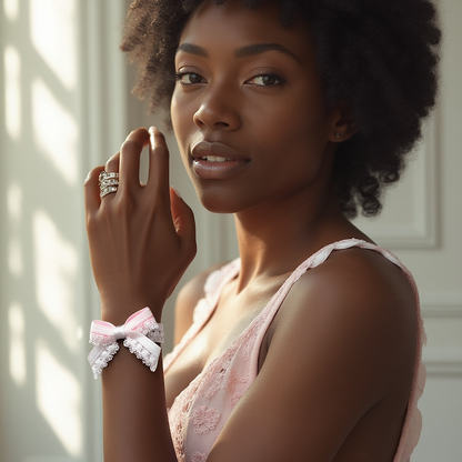 model in pink lingerie wearing the belle white elastic bow bracelet