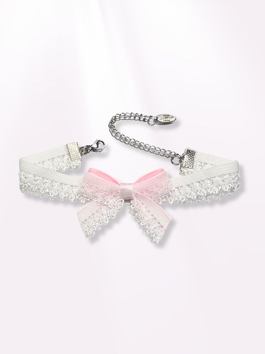 belle white lace elastic pink bow anklet 
