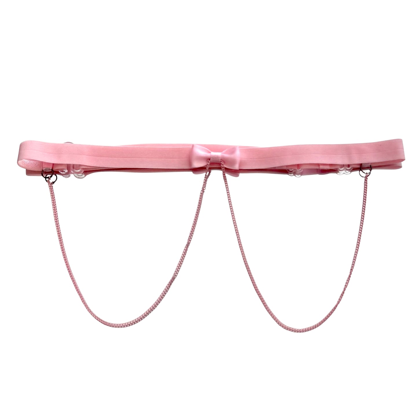 Pink satin belt with chain details on a white background