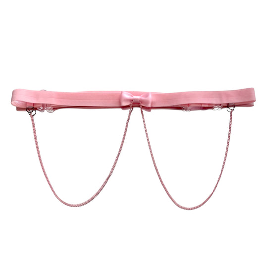 Pink satin belt with chain details on a white background