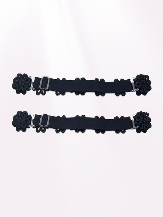 back view of black flower bow leg garters 