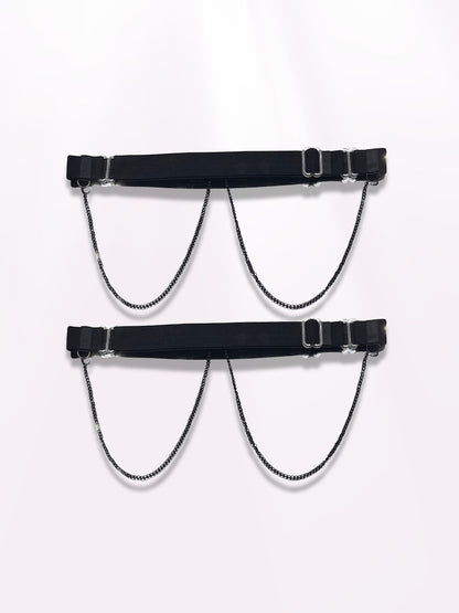 back view of heartbreaker black bow leg garters 