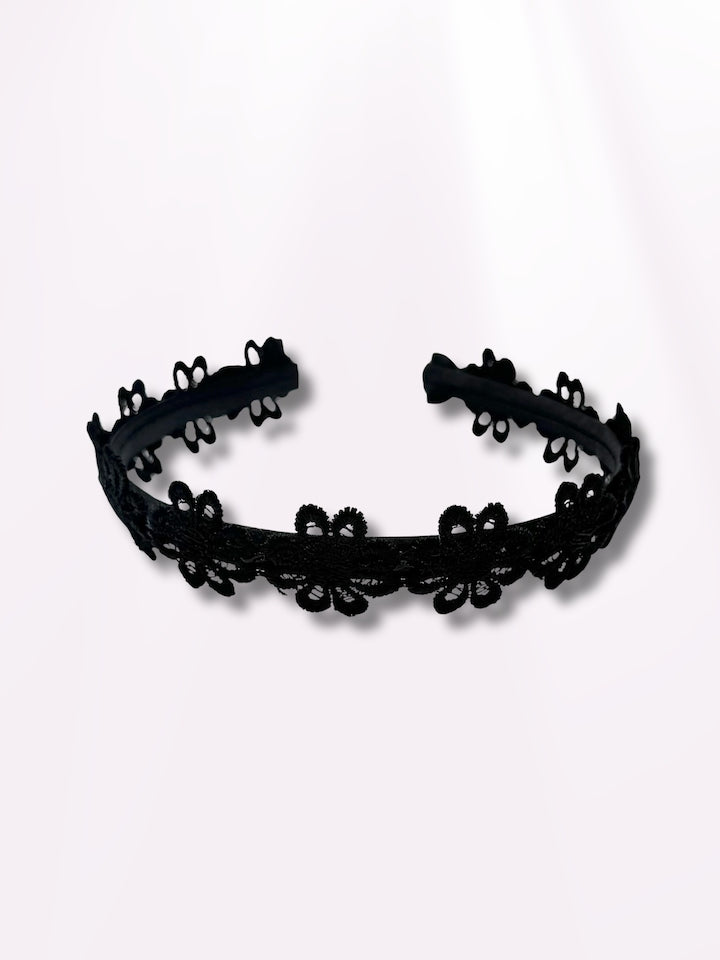 black flower headband with bows view 2