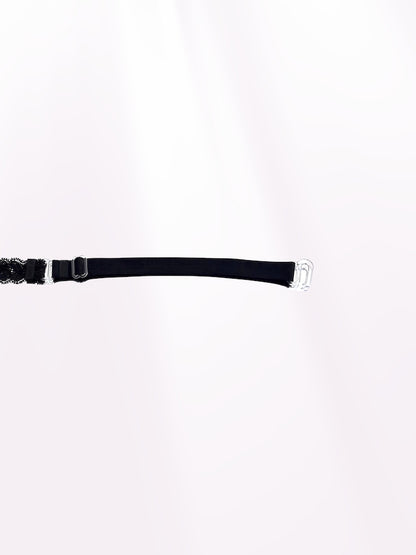 Bougee Bold Black Lace Bow Belt on Light Pink Background showing extender adjustable strap