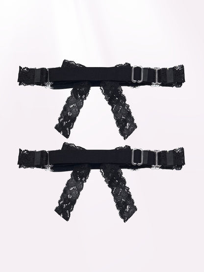 Bougee Black Lace Bow Leg Garters Back View showing adjustable straps
