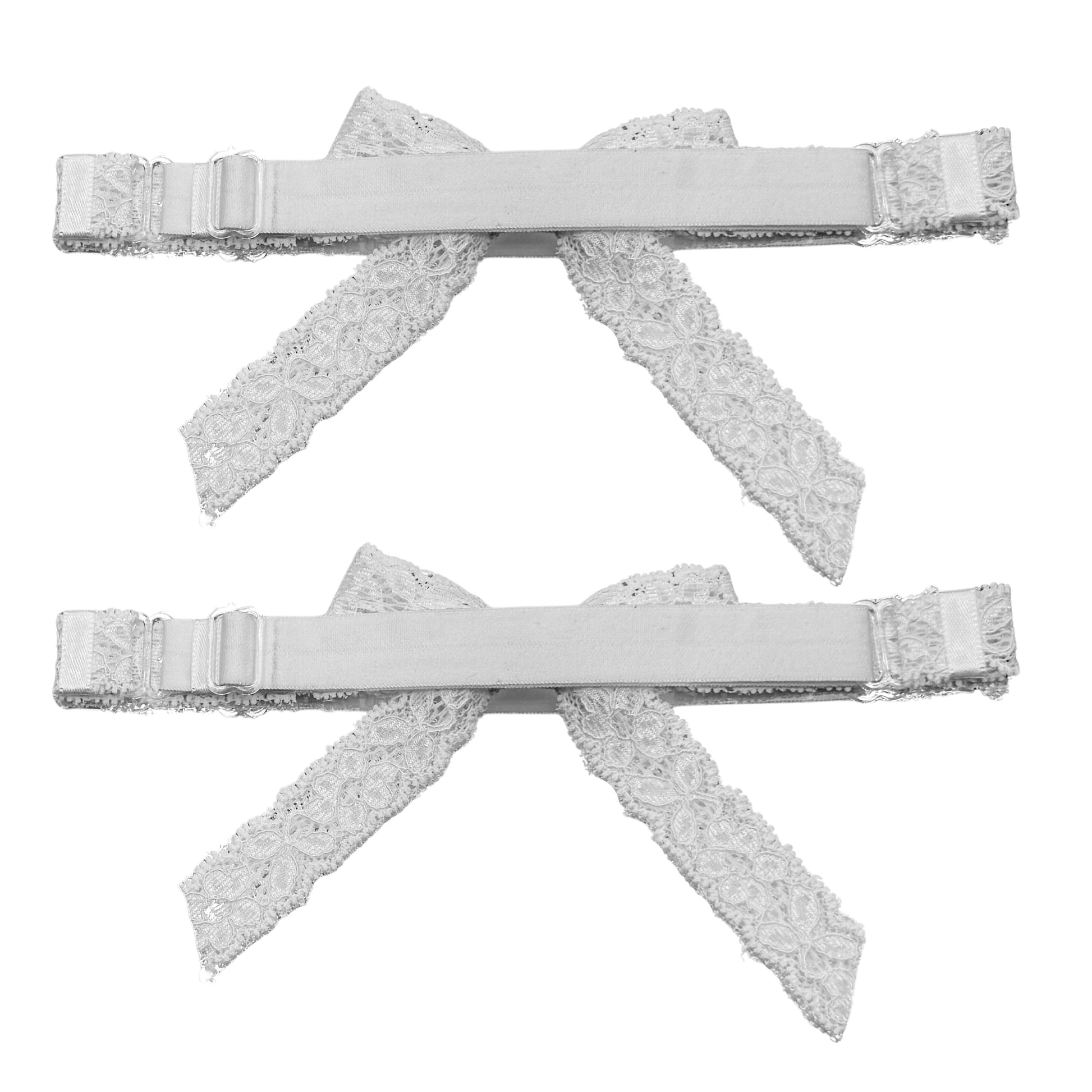bougee white lace bow leg garters back view with adjustable straps