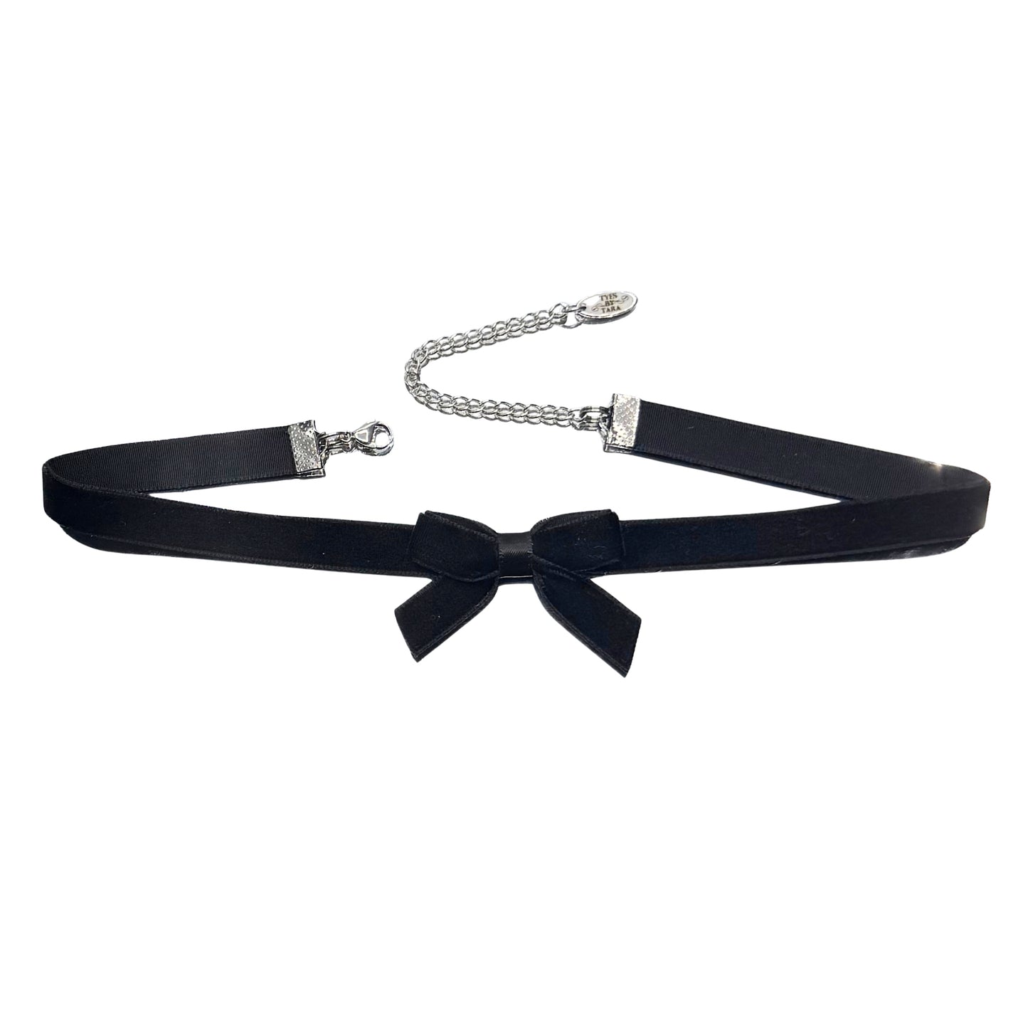 Black velvet bow choker with bow and chain on a white background