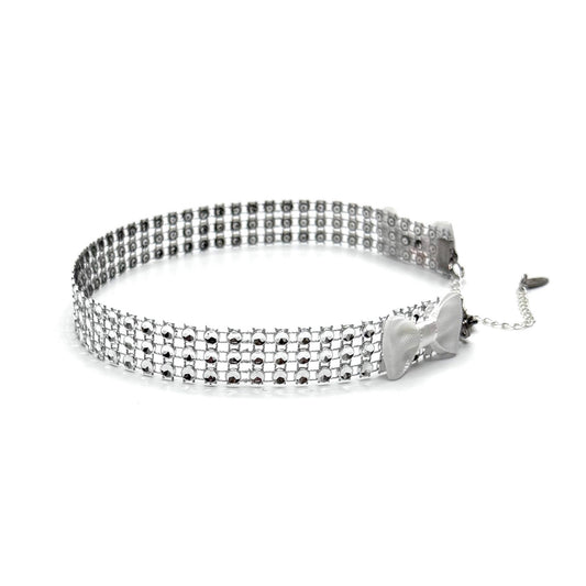 Silver Rhinestone Mesh White Bow Choker