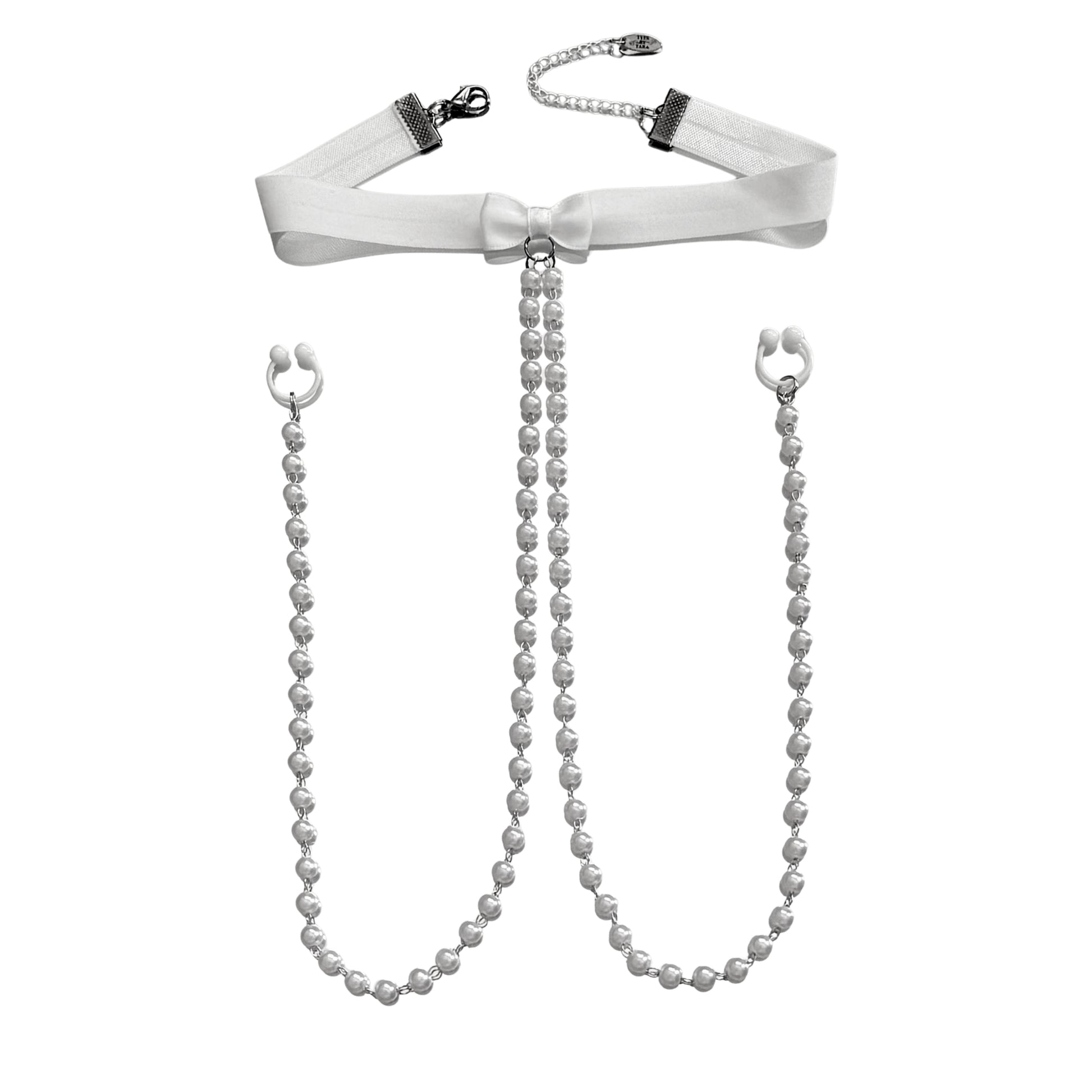 Centerfold Pearl Nipple Clamps Jewelry Choker on White Background