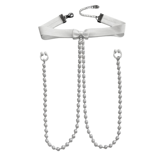 Centerfold Pearl Nipple Clamps Jewelry Choker on White Background