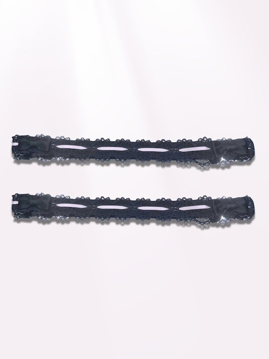 Chantilly Black Lace Leg Garters with Black Bows and Pink Ribbon