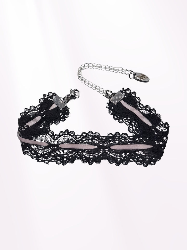Chantilly Black Lace Pink Ribbon Anklet