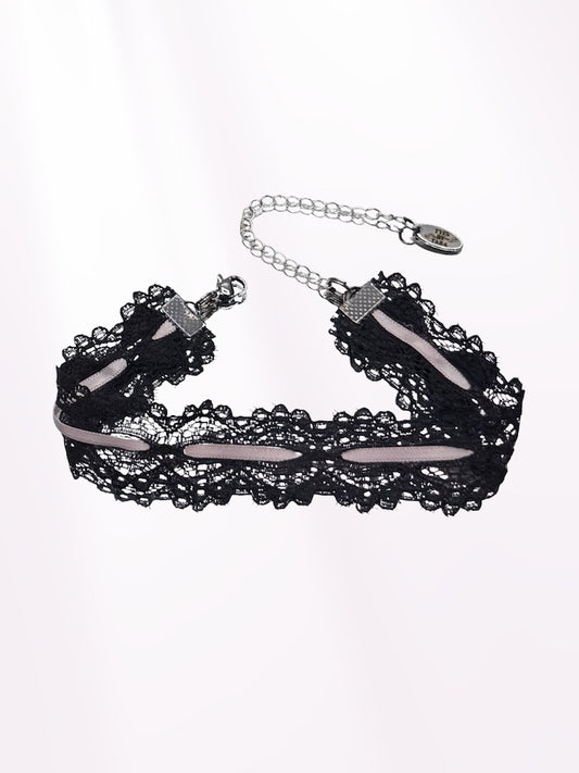 Chantilly Black Lace Pink Ribbon Anklet