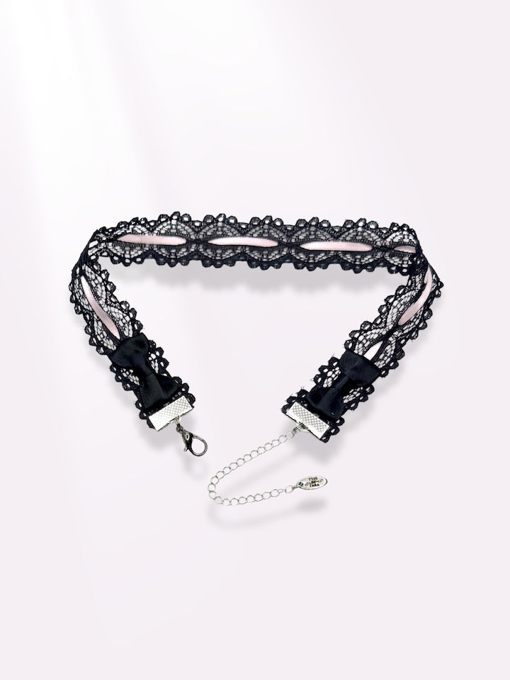  chantilly black lace bow choker back view showing bows