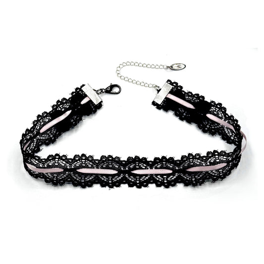 Chantilly Black Pink Lace Choker on White Background