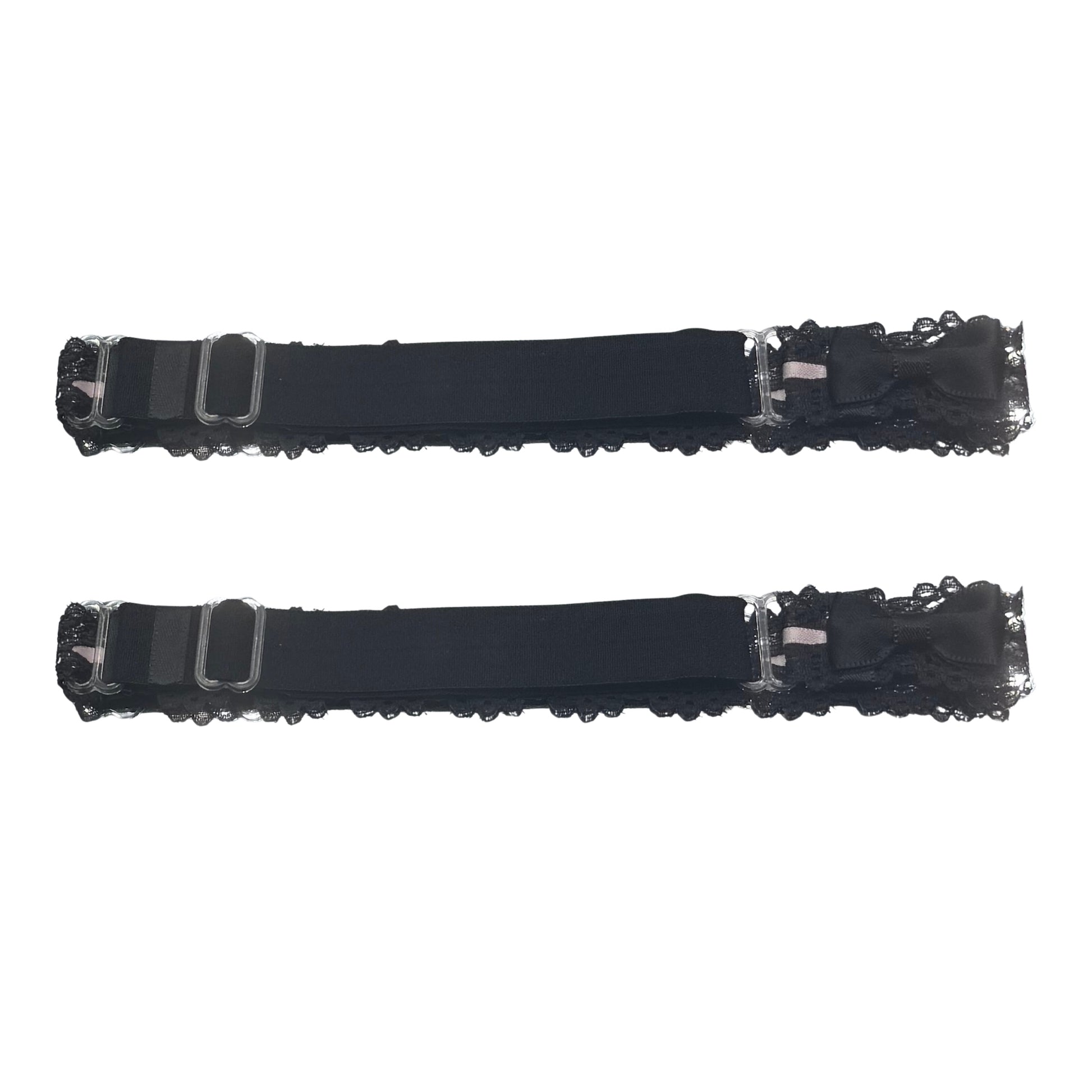 Back view of chantilly black pink lace leg garters showing the adjustable strap