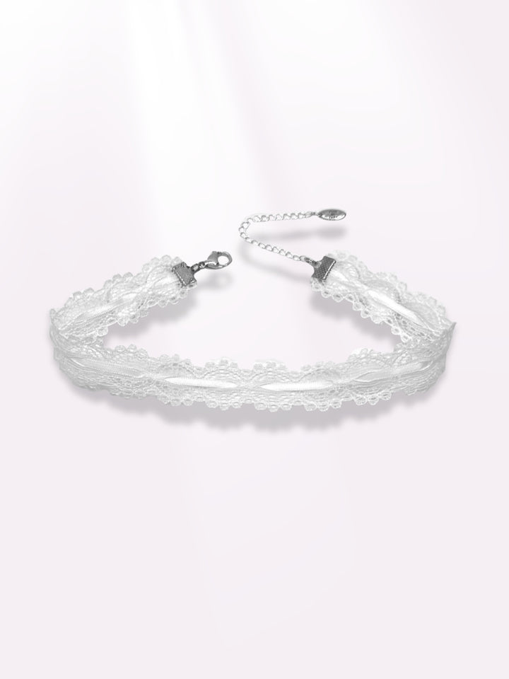 Chantilly White Lace Bow Choker on Pink Background