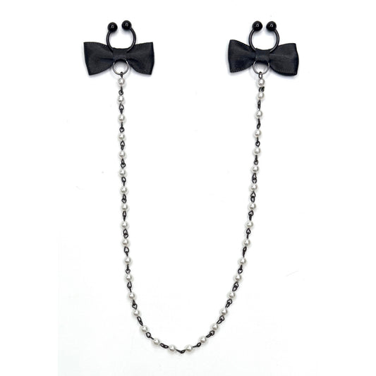 french kiss black bow pearl nipple ties on white background