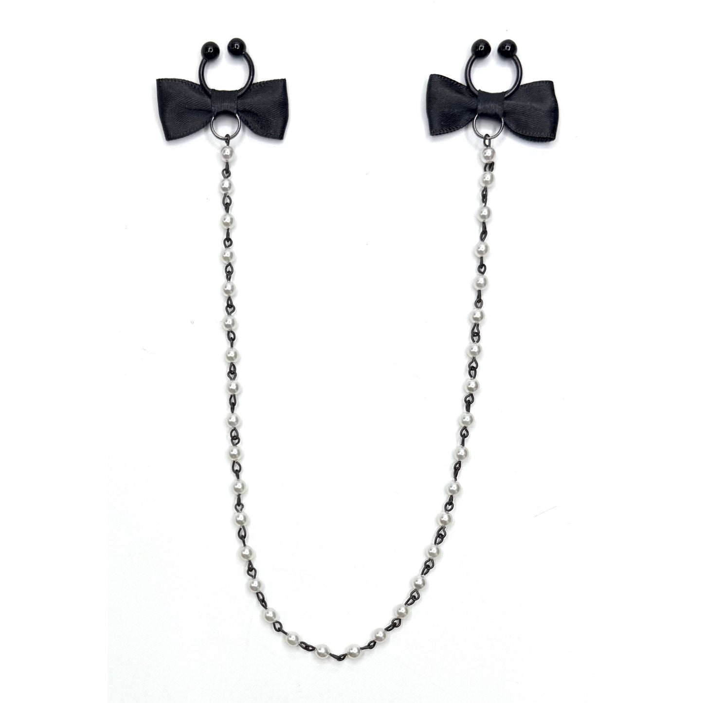 french kiss black bow pearl nipple ties on white background