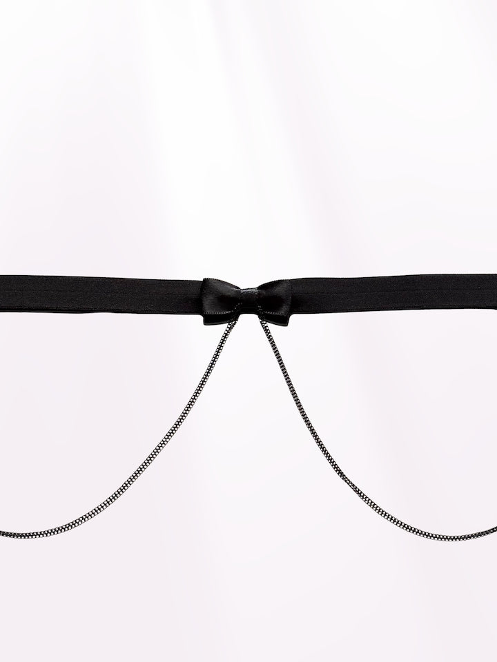 Black belt with a bow and chain detail on a white background