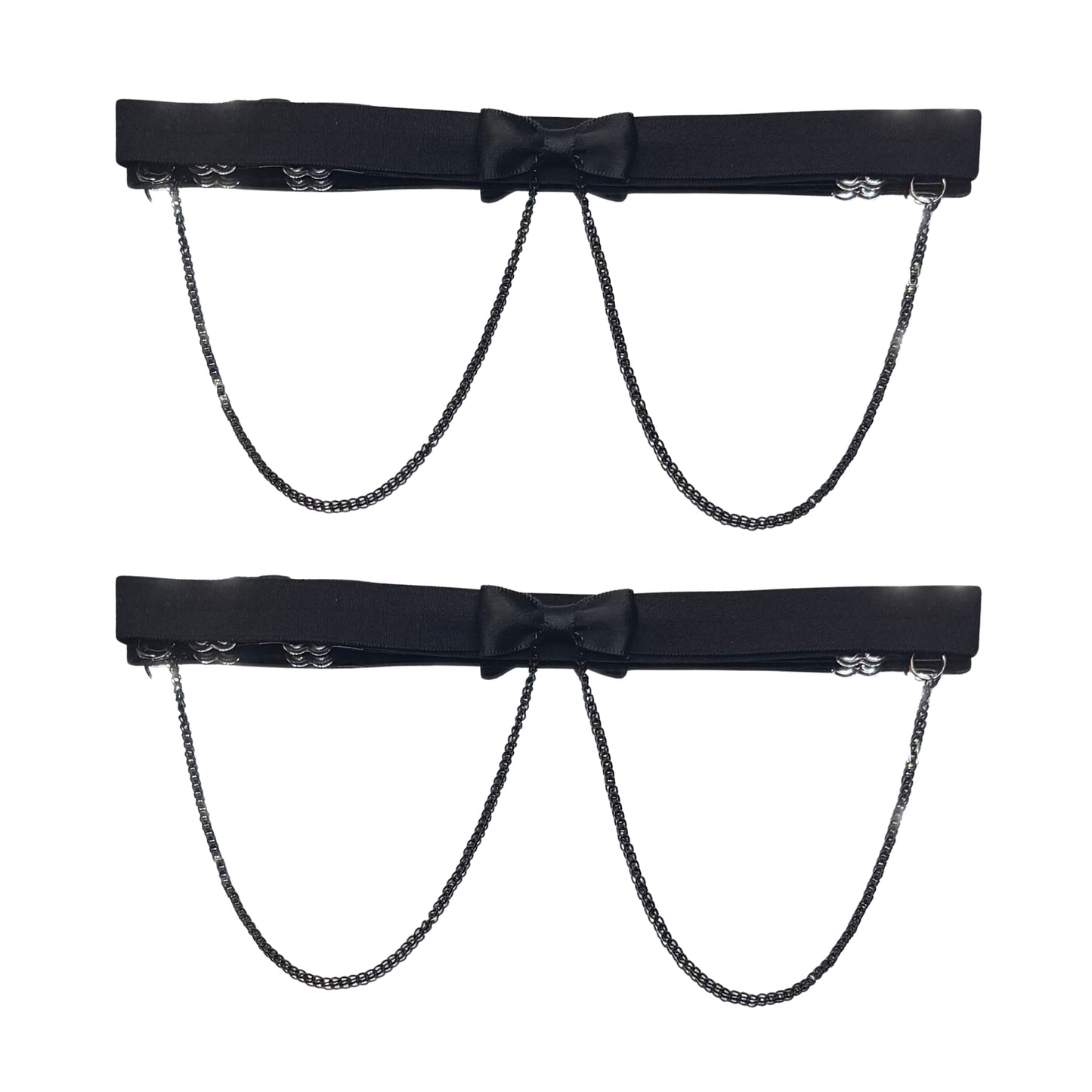 black bow leg garters with black chain on white background