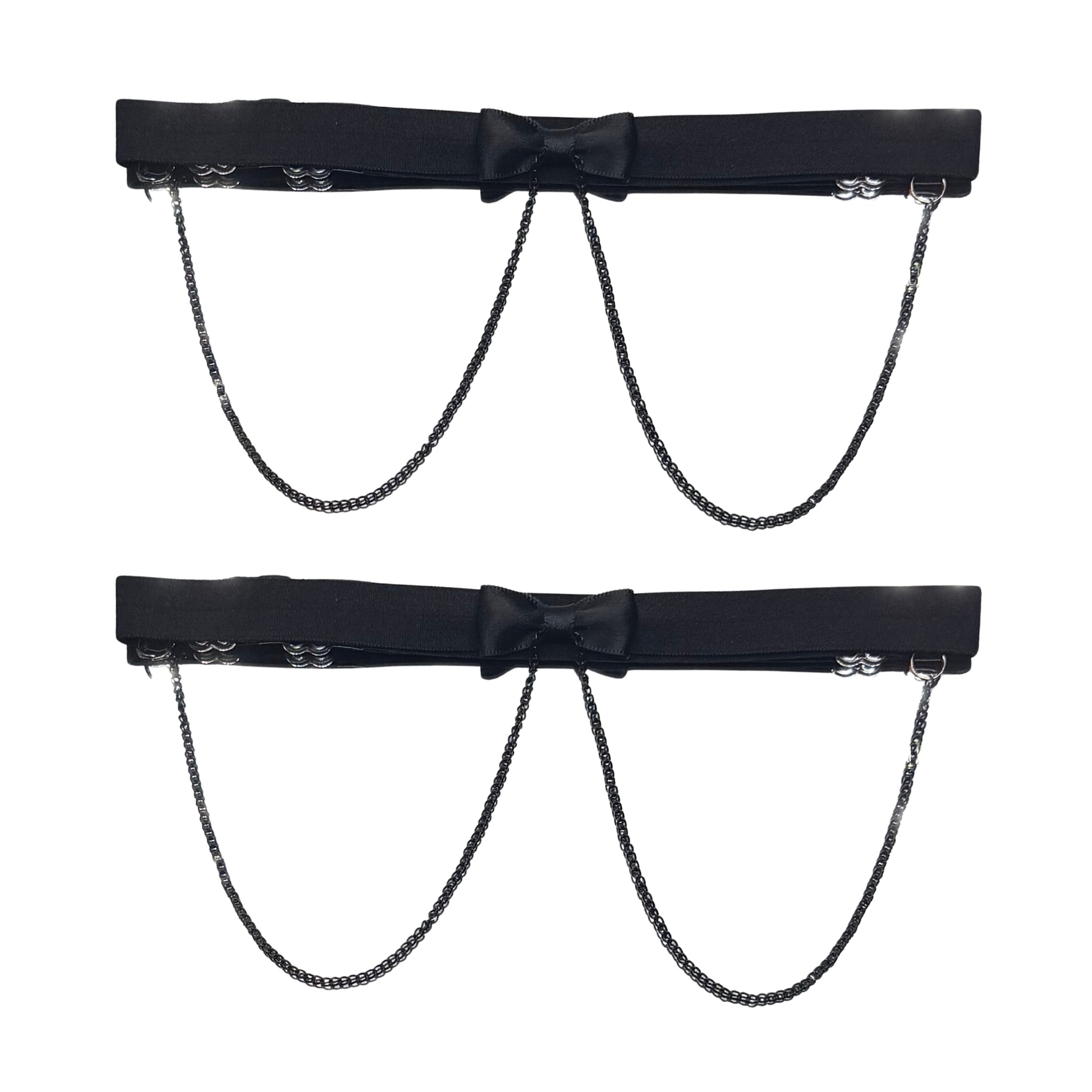 black bow leg garters with black chain on white background