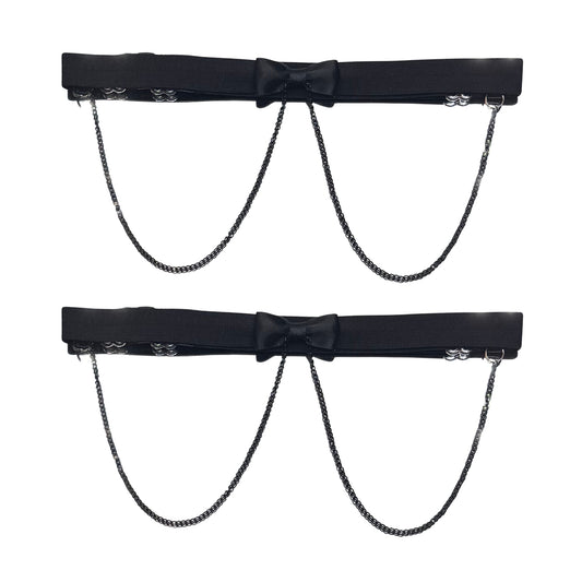 black bow leg garters with black chain on white background