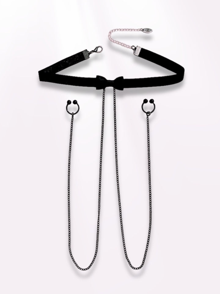 heartbreaker black bow nipple clamps necklace choker
