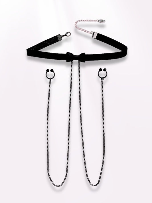 heartbreaker black bow nipple clamps necklace choker