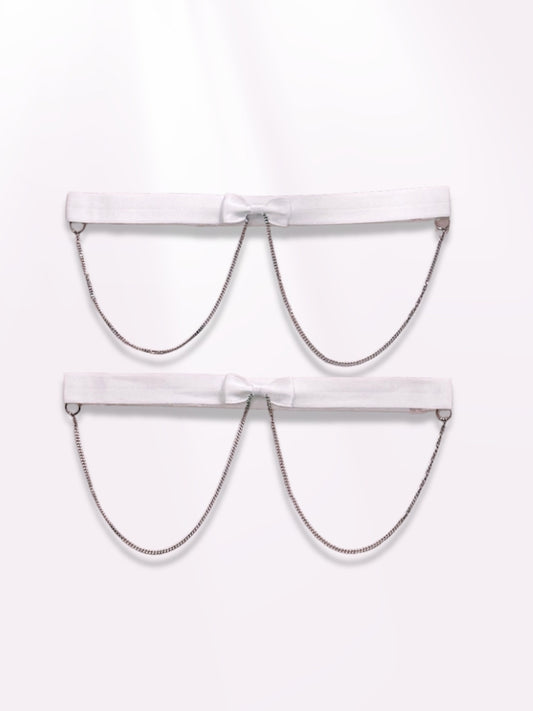 heartbreaker white bow leg garters with silver chain
