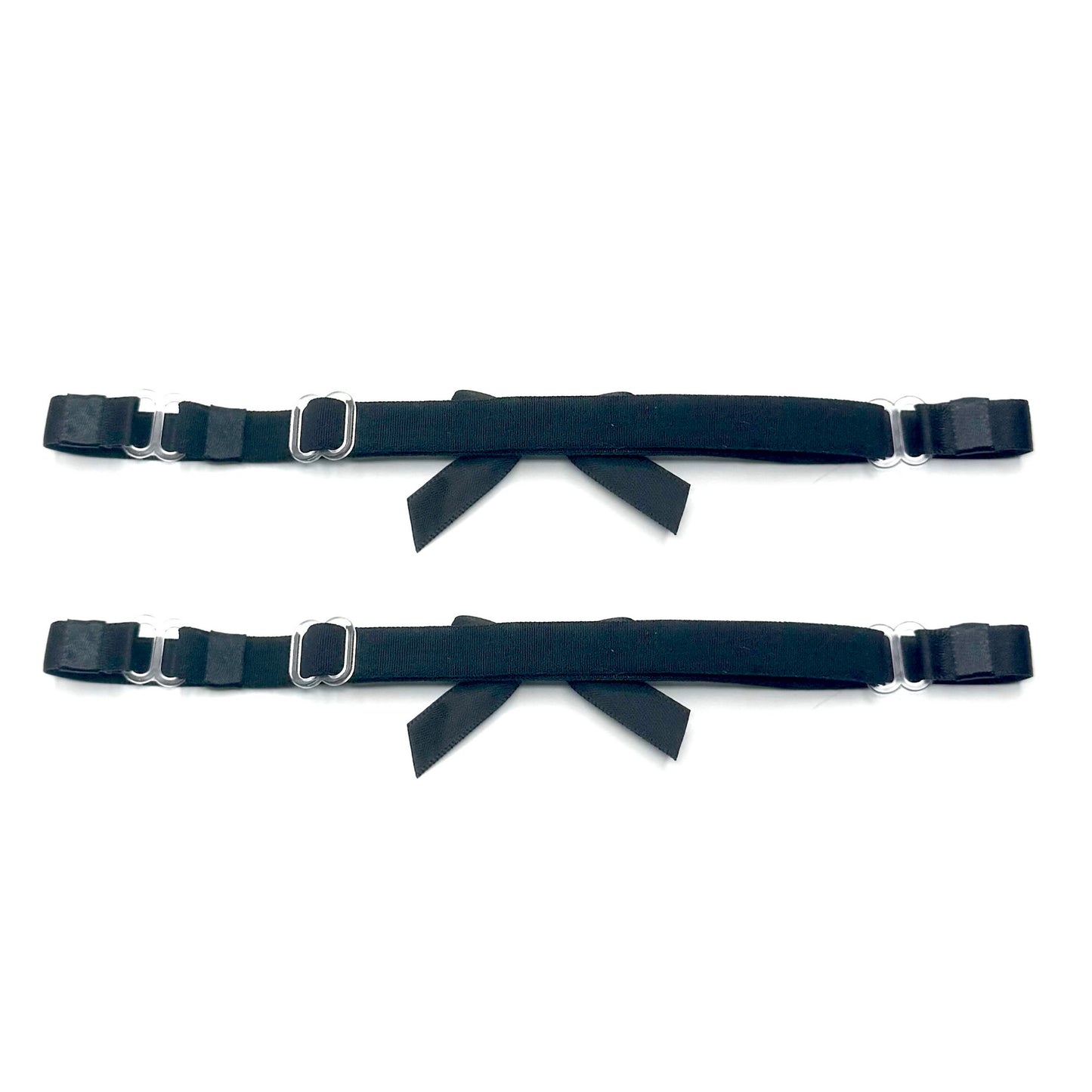 kinkette black bow leg garters back view on white background