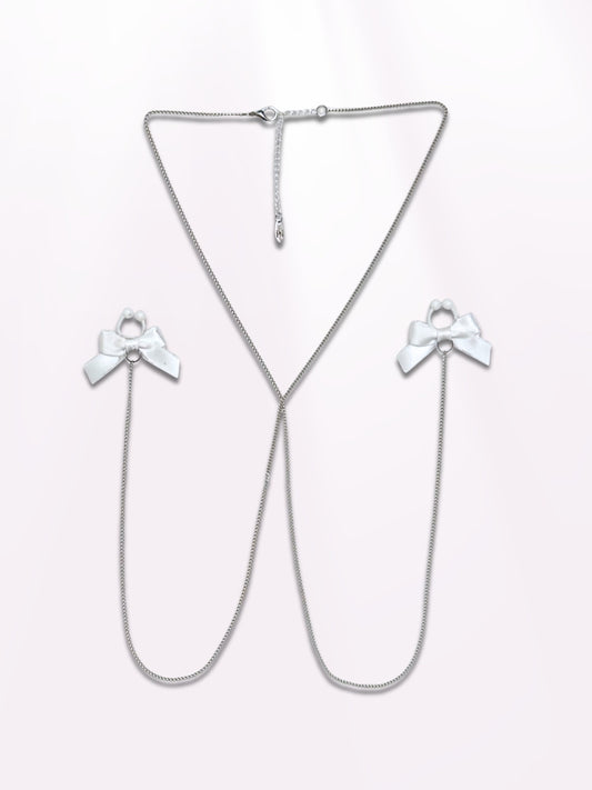 kinkette white bow silver chain nipple necklace