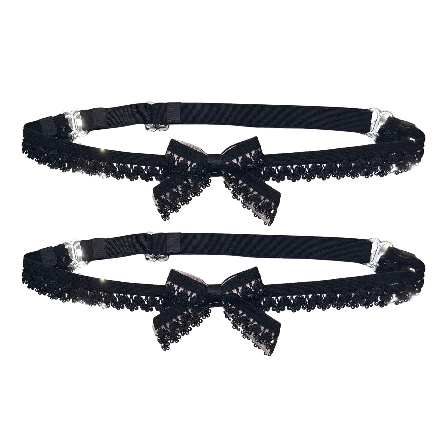 Black lace garter set with bow details on a white background