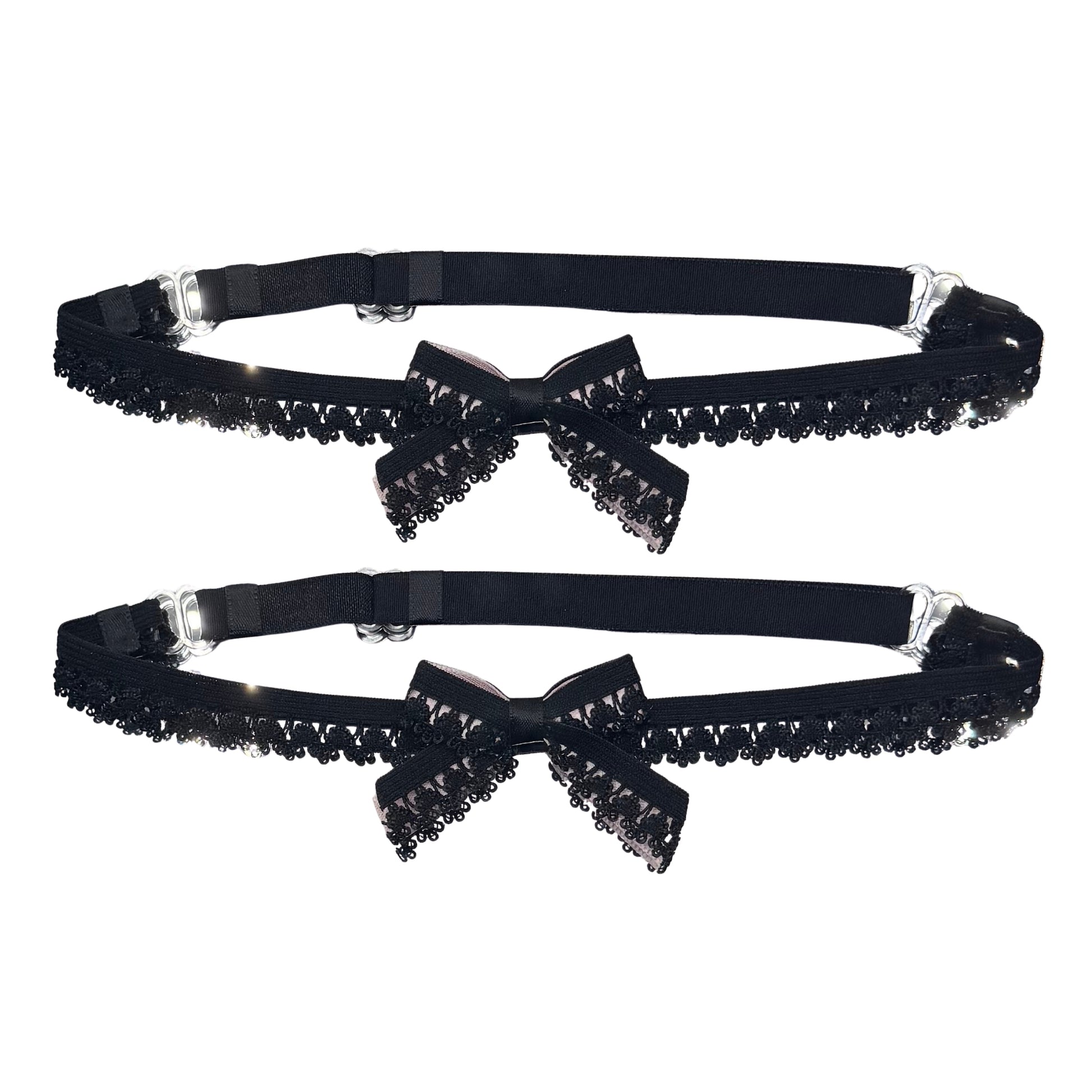 Black lace garter set with bow details on a white background