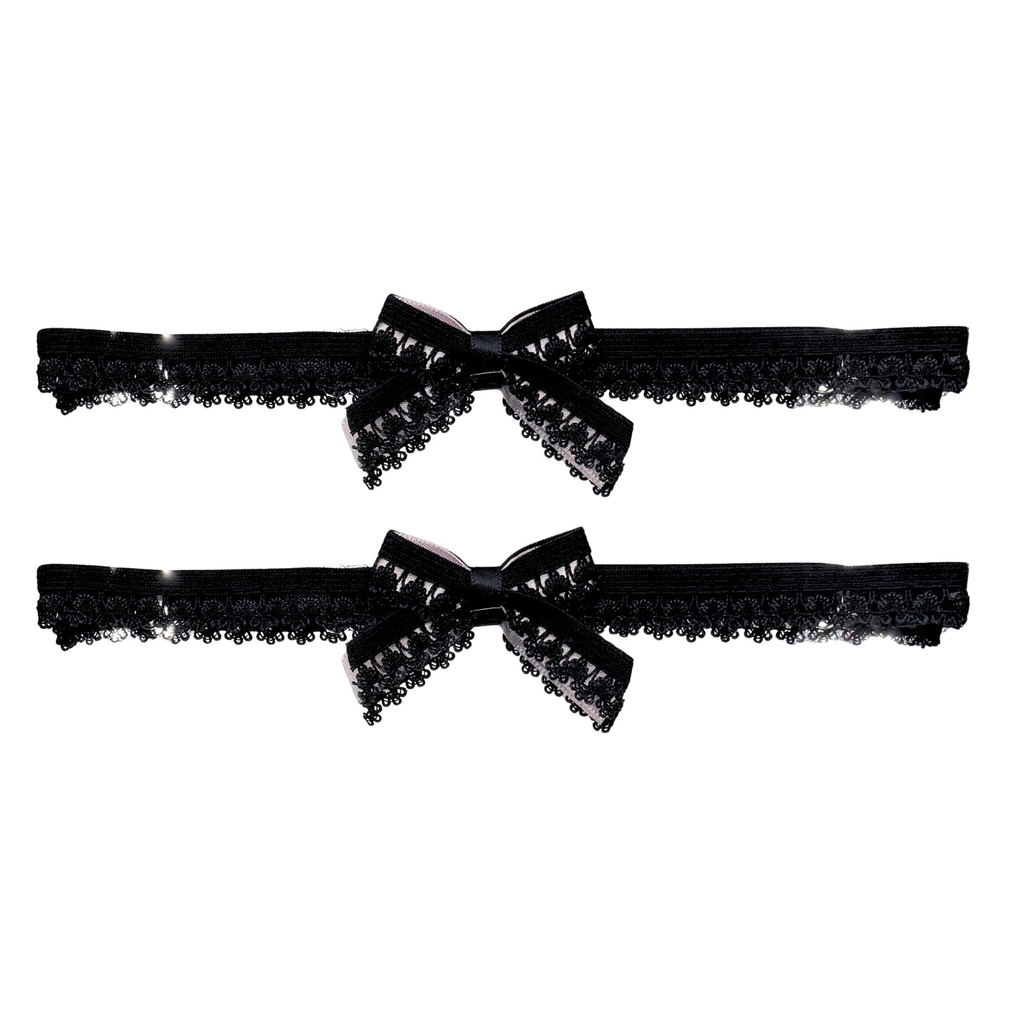 Two black lace bow garters with bows on a white background