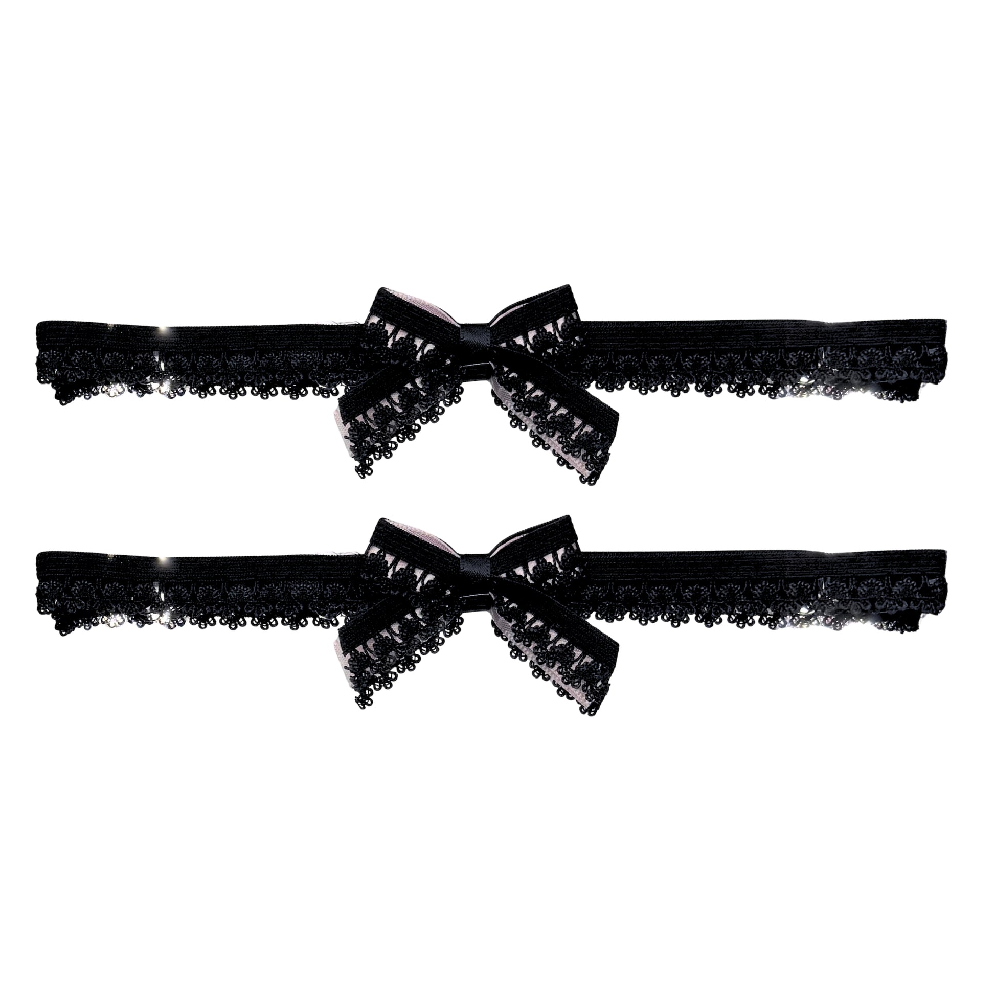 Two black lace bow garters with bows on a white background
