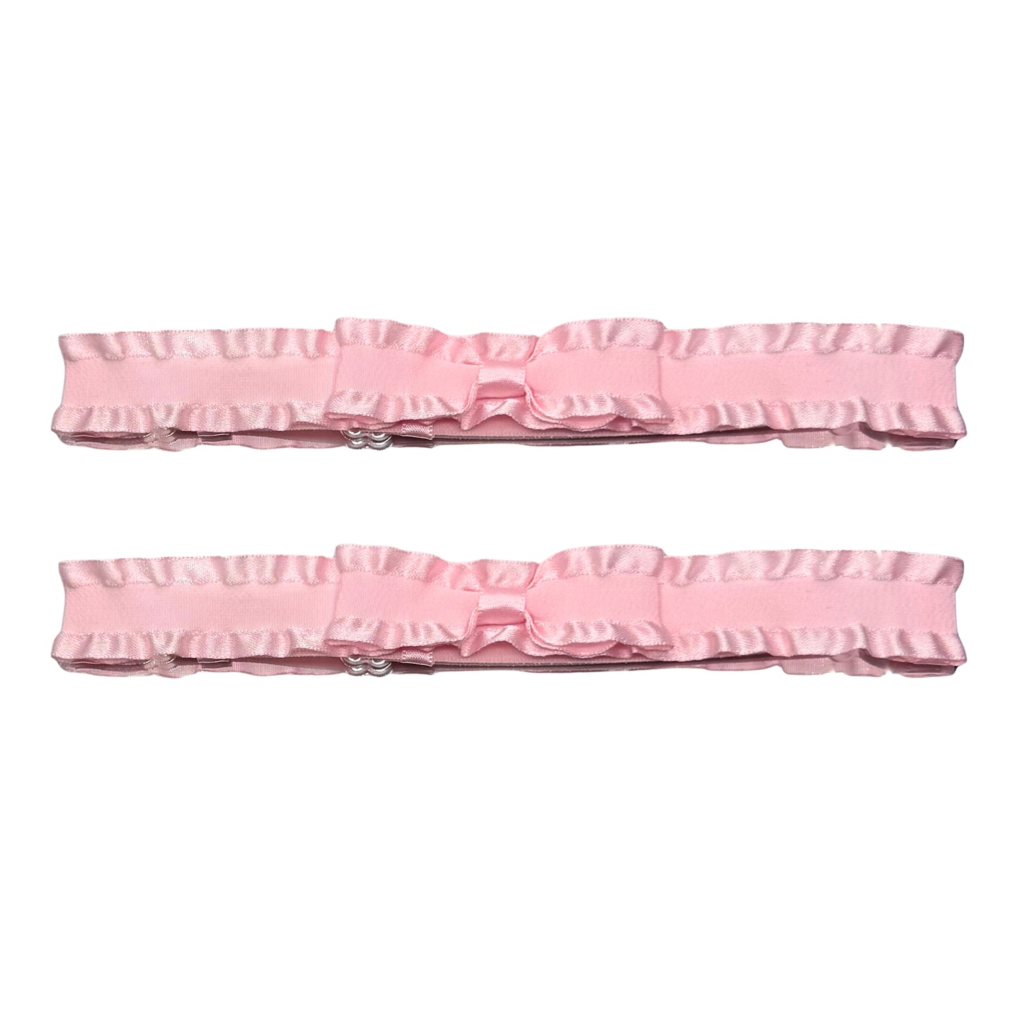 pink ruffled leg garters on white background